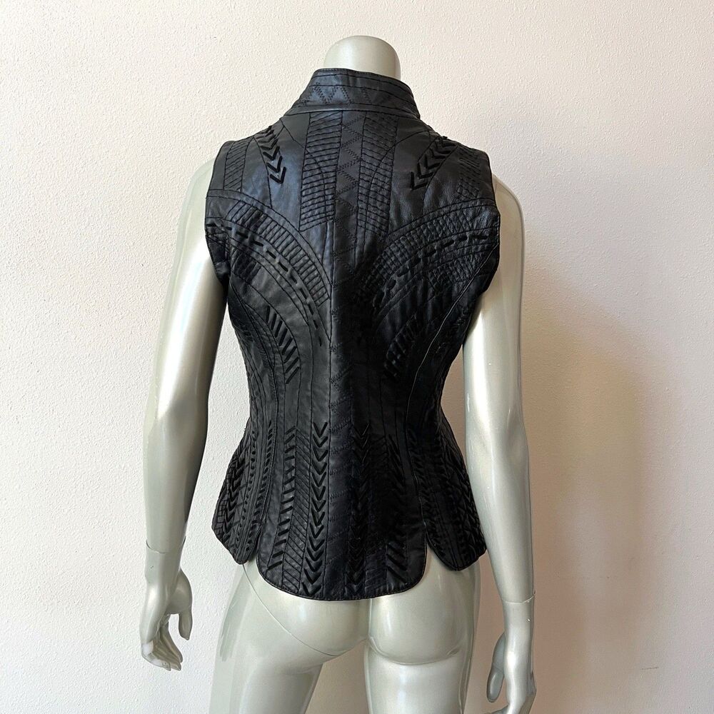 Vintage Margaret Godfrey Black  Leather Vest Women's Size 8 Laced Embroidered - Picture 4 of 6